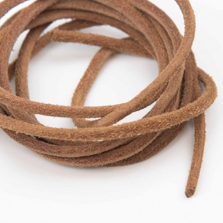 Cordón 3 mm redondo de cuero serraje camel - Rollo 50 mts
