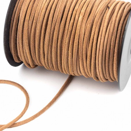Cordón 3 mm redondo de cuero serraje camel - Rollo 50 mts