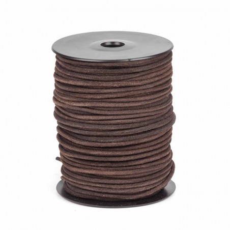 Cordón 3 mm redondo de cuero serraje marrón café - Rollo 50 mts