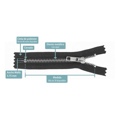 Cremallera YKK metálica malla 5 níquel - 22 cm - Pack 100 uds.