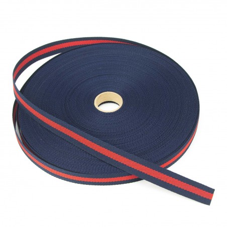 Cinta poliéster trenzada rayas 20 mm marino/rojo/marino - Rollo 50 metros