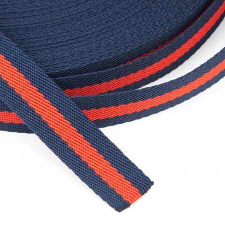 Cinta poliéster trenzada rayas 25 mm marino/rojo/marino - Rollo 50 metros