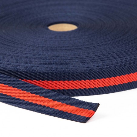 Cinta poliéster trenzada rayas 25 mm marino/rojo/marino - Rollo 50 metros
