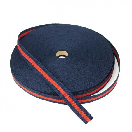 Cinta poliéster trenzada rayas 25 mm marino/rojo/marino - Rollo 50 metros