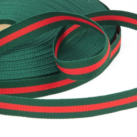 Cinta poliéster trenzada rayas 25 mm verde/rojo/verde - Rollo 50 metros