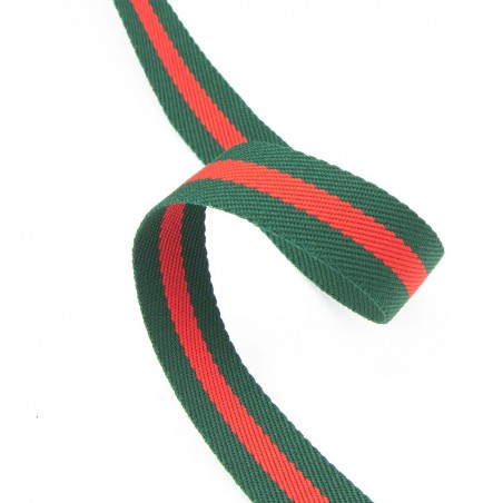 Cinta poliéster trenzada rayas 25 mm verde/rojo/verde - Rollo 50 metros