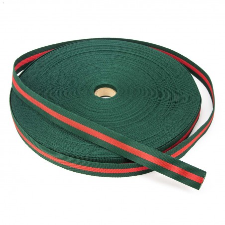 Cinta poliéster trenzada rayas 25 mm verde/rojo/verde - Rollo 50 metros