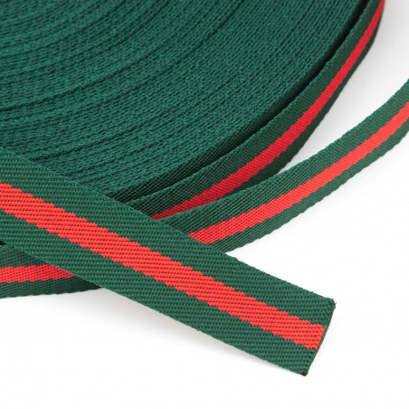 Cinta poliéster trenzada rayas 20 mm verde/rojo/verde - Rollo 50 metros