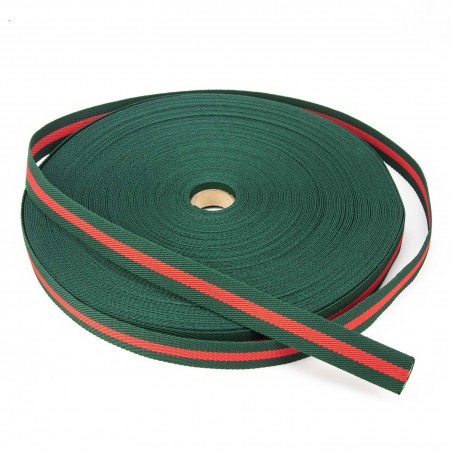 Cinta poliéster trenzada rayas 20 mm verde/rojo/verde - Rollo 50 metros