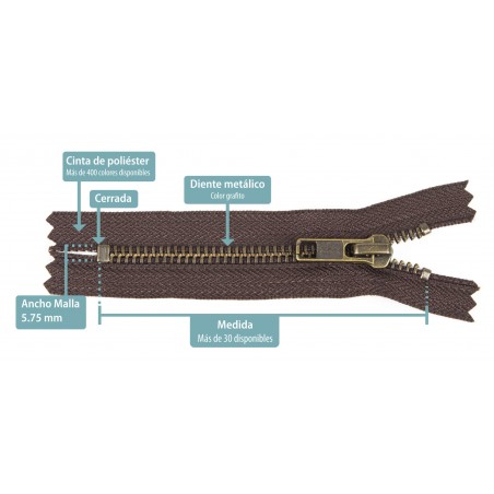 Cremallera YKK metálica malla 5 oro viejo - 12 cm - Pack 100 uds.