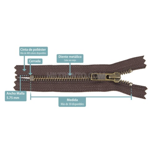 Cremallera YKK metálica malla 5 oro viejo - 30...