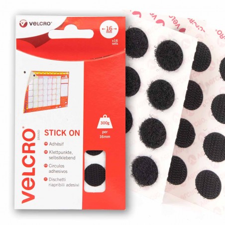 Círculos adhesivos de VELCRO® redondo Stick on negros - Pack 16 uds