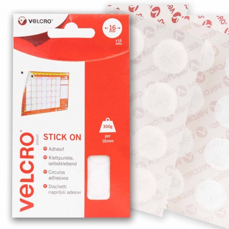 Círculos adhesivos de VELCRO® redondo Stick on blancos - Pack 16 uds