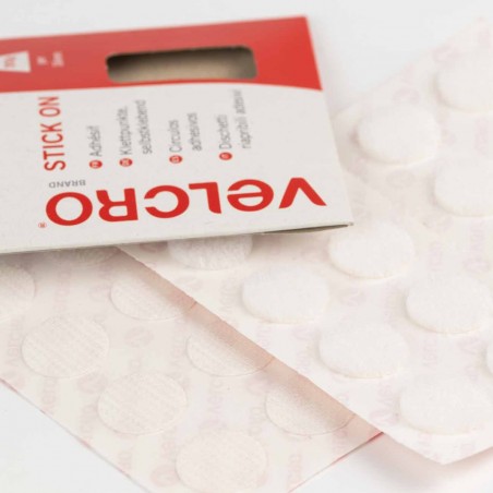 Círculos adhesivos de VELCRO® redondo Stick on blancos - Pack 16 uds