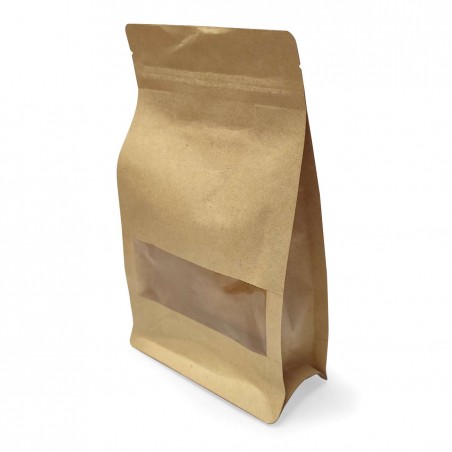 Bolsa autocierre 25x35+10 cm, papel kraft plastificado, con ventana - Pack 250 uds