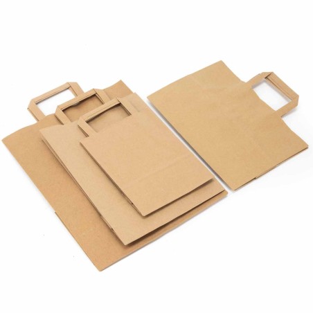 Bolsa papel kraft marrón con asa plana 32+17x40 cm, 100 g/m² - Pack 50 uds