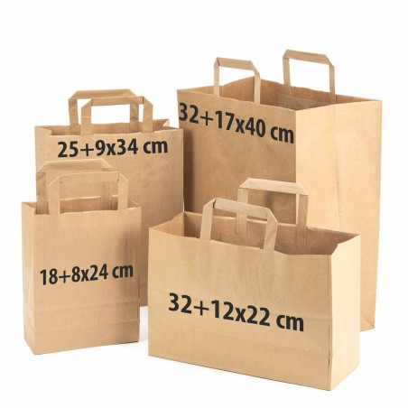 Bolsa papel kraft marrón con asa plana 25+9x34 cm, 80 g/m² - Pack 100 uds