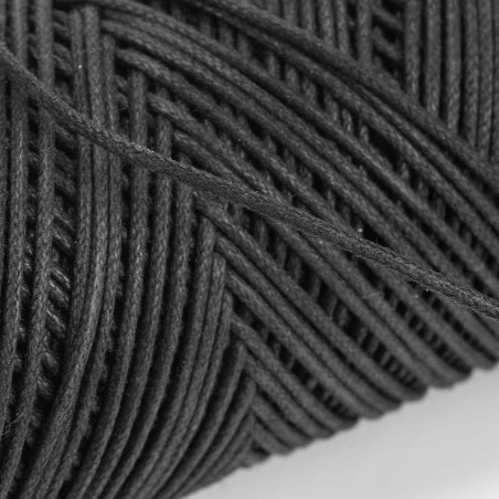 Cordón redondo fino encerado negro, algodón, 1.5 mm, para etiquetas - Rollo 100 metros