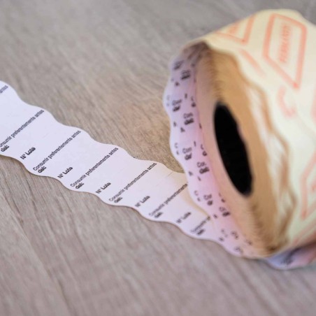 Rollo 1000 etiquetas 26x16 Alimentarias, Nº lote, Consumir preferentemente, blancas adhesivo permanente