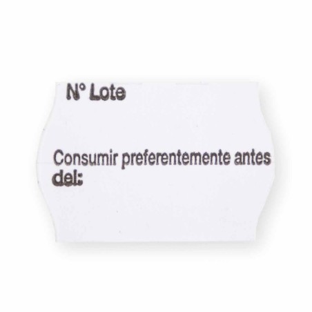 Rollo 1000 etiquetas 26x16 Alimentarias, Nº lote, Consumir preferentemente, blancas adhesivo permanente
