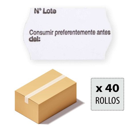 Etiquetas 26x16 Alimentarias, Nº lote, Consumir preferentemente, blancas adhesivo permanente - Caja 40 rollos