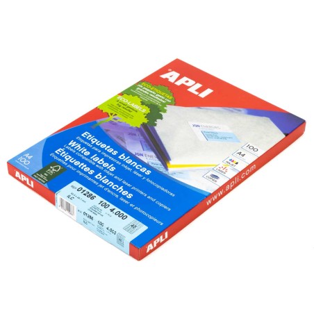 Etiquetas blancas permanentes, ( 40 por hoja) 52,5 x 29,7 mm APLI 01286 - Pack 100 hojas