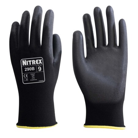 Guantes trabajo negros poliéster + poliuretano Galga 130 nitrex 290B - Caja 100 pares