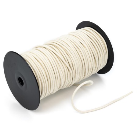 Cordón goma elástica 3.5 mm, redondo, algodón-caucho natural biodegradable color crudo - rollo 100 mts