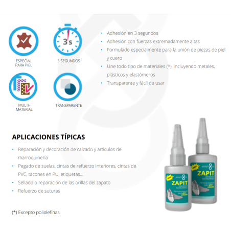 Adhesivo instantáneo para piel y calzado Zapit Afinitica - 20 g