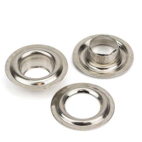 Ojales metálicos 16 mm latón níquel, para lonas y toldos, ref. 7332 - Caja 250 uds + arandelas