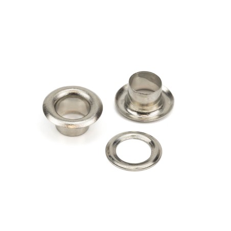 Ojete metálico 6.5 mm latón níquel, ref. 6760 - Caja 1000 uds + arandelas