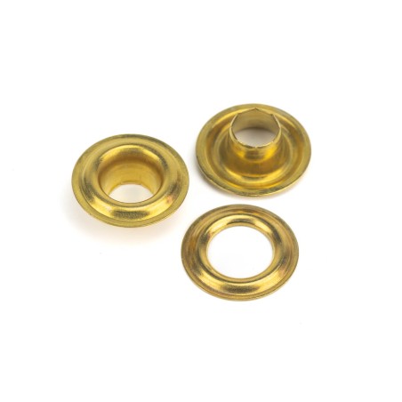 Ojales metálicos 8 mm latón dorado, para lonas y toldos, ref. 7332 - Caja 1000 uds + arandelas