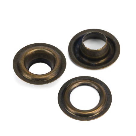 Ojales metálicos 12 mm latón oro viejo, para lonas y toldos, ref. 7332 - Caja 500 uds + arandelas
