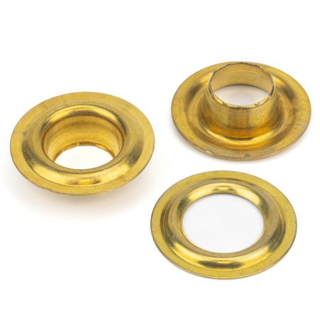 Ojales metálicos 16 mm latón oro dorado, para lonas y toldos, ref. 7332 - Caja 250 uds + arandelas