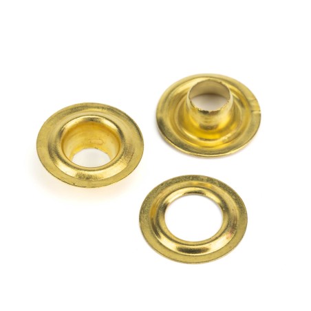 Ojales metálicos 10 mm latón dorado, para lonas y toldos, ref. 7332 - Caja 500 uds + arandelas