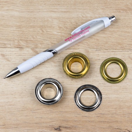 Ojales metálicos 16 mm latón oro dorado, para lonas y toldos, ref. 7332 - Caja 250 uds + arandelas