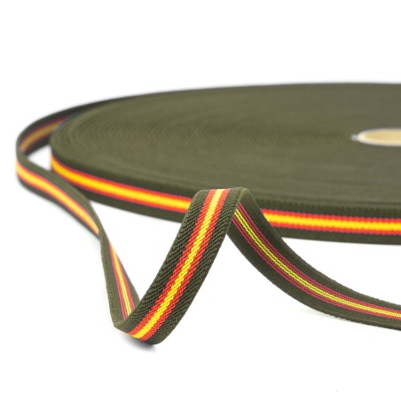 Cinta elástica 15 mm bandera España fondo caqui verde militar, para pulseras - Rollo 30 metros