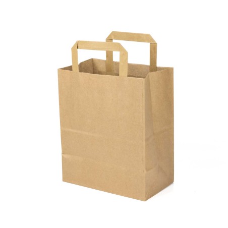 Bolsa papel kraft marrón con asa plana 21+13x26 cm, 80 g/m² - Caja 450 uds