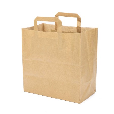 Bolsa papel kraft marrón con asa plana 28+16x29 cm, 80 g/m² - Caja 300 uds