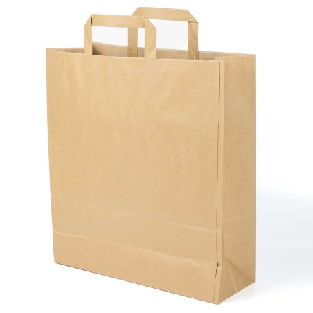 Bolsa papel kraft marrón con asa plana 32+12x37 cm, 100 g/m² - Caja 300 uds