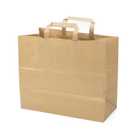 Bolsa papel kraft marrón con asa plana 32+17x28 cm, 80 g/m² - Pack 50 uds