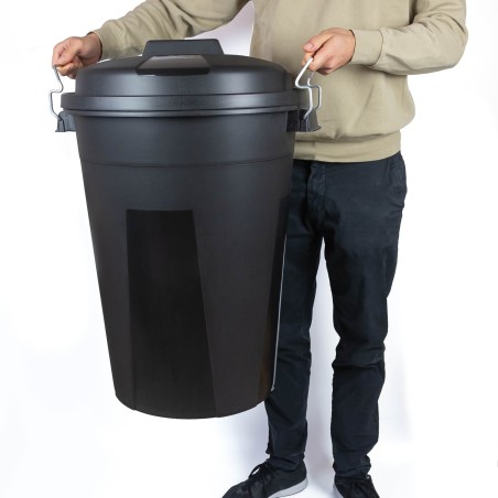 Cubo basura plástico negro grande 100 litros con tapa y asas metálicas