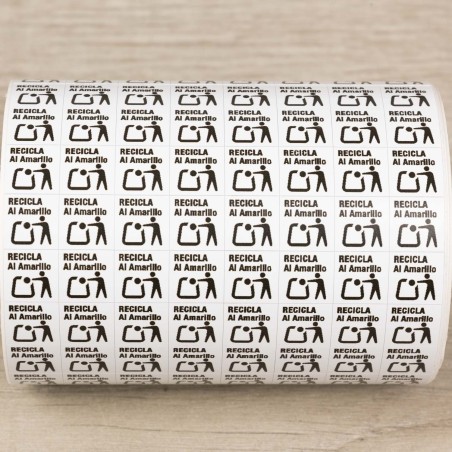 Etiquetas adhesivas polipropileno 10 mm "recicla al amarillo" fondo blanco, ecoembes - Rollo 600 uds