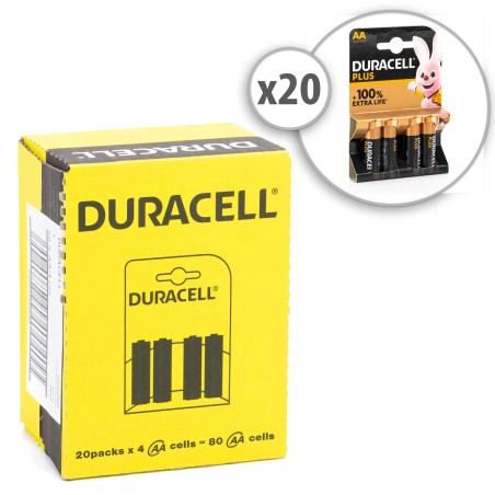 20 Packs de 4 pilas alcalinas AA LR6 Duracell Plus larga duración