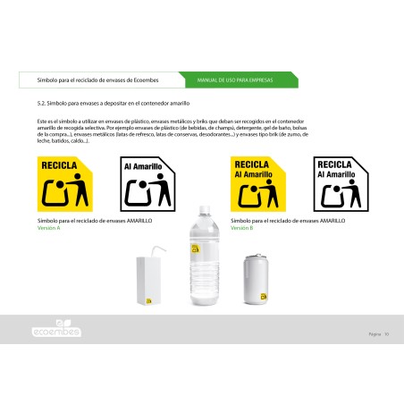 Etiquetas adhesivas polipropileno 10 mm "recicla al amarillo" fondo blanco, ecoembes - Rollo 600 uds