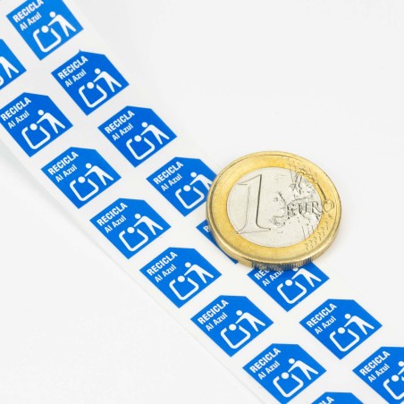 Etiquetas adhesivas polipropileno 10 mm envases "recicla al azul" ecoembes - Rollo 2000 uds