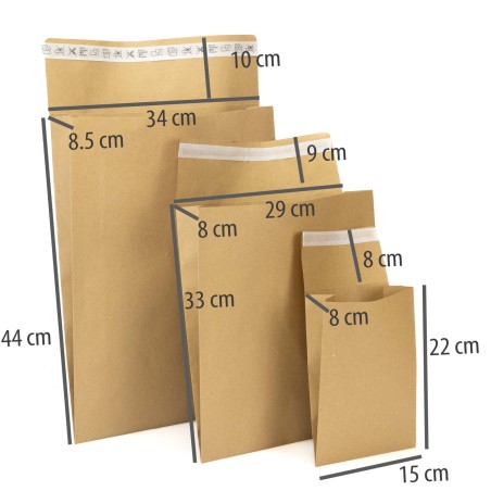 Sobre de envío papel kraft con fuelle 100 g/m², 29x8x33 cm, cierre adhesivo