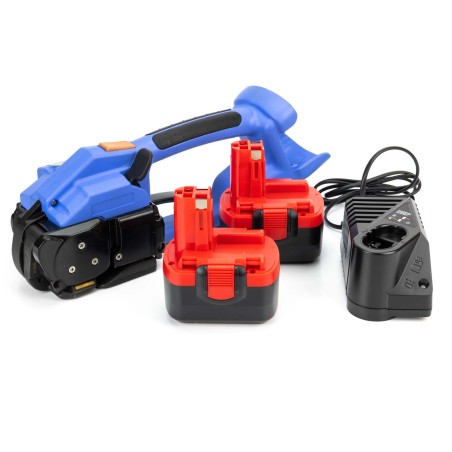 Flejadora portátil eléctrica + 2 baterías, para fleje 13-16 mm, con soldadura, apriete y corte automático