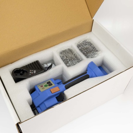 Flejadora portátil eléctrica + 2 baterías, para fleje 13-16 mm, con soldadura, apriete y corte automático