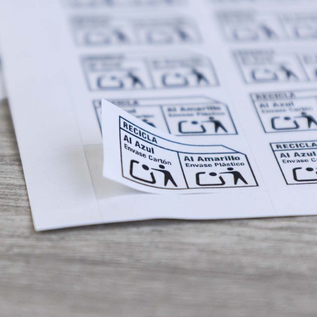 Etiquetas adhesivas blancas papel 23x15 mm envases "recicla al amarillo + azul ",ecoembes - 600 uds